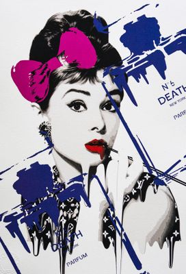 a poster of a woman with a pink bow on her head