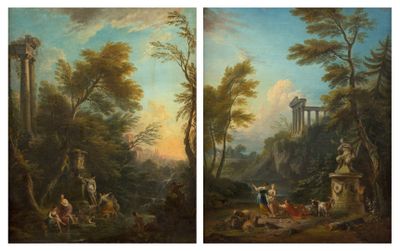 deux tableaux représentant un paysage avec des personnages et des animaux au premier plan