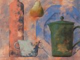 a painting of a painting of a teapot and a plate with a pear on it