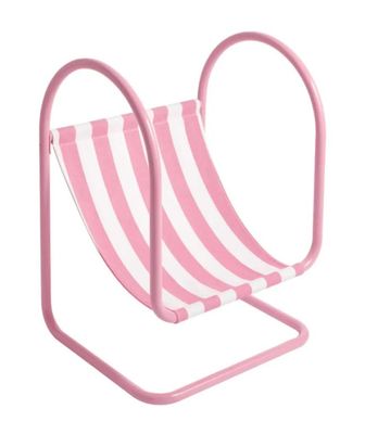 the pink and white striped beach chair is on a metal stand