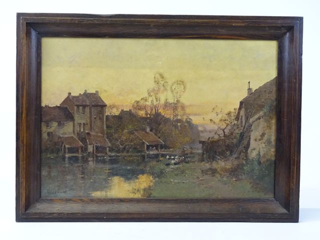 Eugène GALIEN-LALOUE (1854-1941). « Village au soleil couchant »....