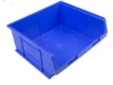 a blue plastic storage bin with a closed lid on a white background