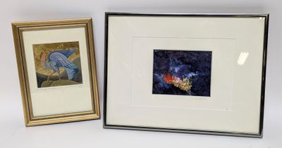 two framed pictures of a painting and a picture of a woman