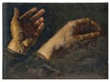 an image of a painting of a hand holding something in it ' s palm