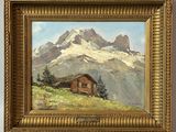 an oil painting of a mountain scene with a cabin in the foreground