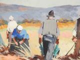 a painting of a group of men working in a field