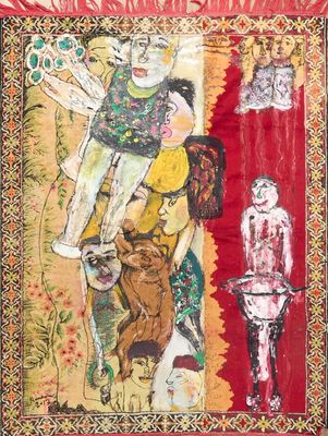 une image représentant un tableau où figurent un homme et une femme sur fond rouge