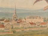 painting of a bird flying over a city with a church in the background
