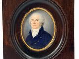 portrait d'un homme en manteau bleu, dans un cadre en bois