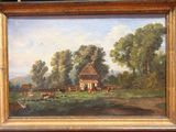 an oil painting of a farm scene with cows in a pasture