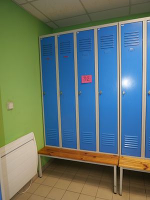 blue lockers in a green room with a radiator and a heater