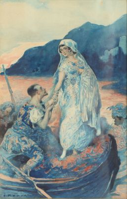 tableau représentant une femme et un homme dans un bateau sur un lac