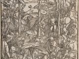 un dessin en noir et blanc représentant Jésus sur la croix, entouré d'autres personnes