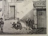a drawing of a group of people walking down a street