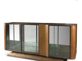 a close up of a glass display case with a wooden base