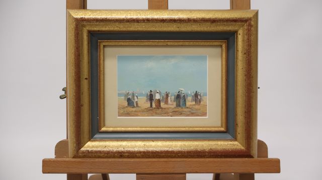DE VILLIERS (XXème) « Scène de plage animée ». Huile sur carton. ...
