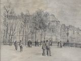 dessin représentant une scène de rue avec des gens qui marchent sur le trottoir
