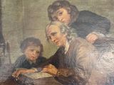 an old painting of a family sitting at a table with a dog