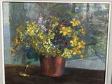 a painting of flowers in a pot on a table