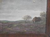 a picture of a painting of a field with a barn in the background