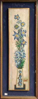 peinture représentant un vase orné de fleurs bleues accroché au mur