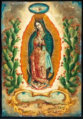 a painting of the virgin of guadalupe with a halo above her head