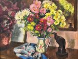 une peinture représentant un vase de fleurs sur une table