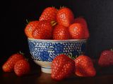 a painting of strawberries in a bowl on a table
