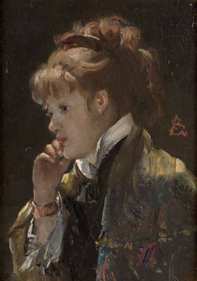 tableau représentant une femme vêtue d'une veste noire et d'une chemise blanche, la main posée sur le menton