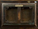 painting of a window with a wooden frame and a sign on it
