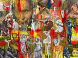 a collage of pictures of people and animals on a wall