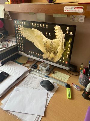 un bureau sur lequel se trouvent un écran d'ordinateur, un clavier, une souris et d'autres objets