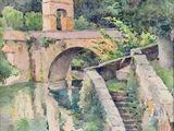 watercolor painting of a small bridge over a river with a clock tower in the background
