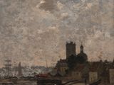 painting of a view of a harbor with a boat in the foreground