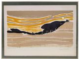 an image of a painting of a bird flying over a body of water