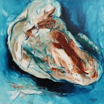 une peinture représentant une coquille d'huître sur fond bleu