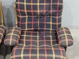 pair of mid century style plaid lounge chairs in good condition
