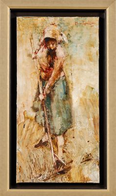 an oil painting of a woman with a shovel in a field