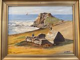 a painting of a boat on the beach by the water