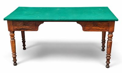 an old wooden desk with a green top on a white background