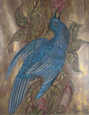 un tableau représentant un oiseau perché sur une branche d'arbre