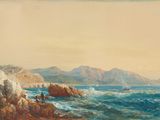 une image représentant une peinture d'une côte rocheuse avec un voilier au loin