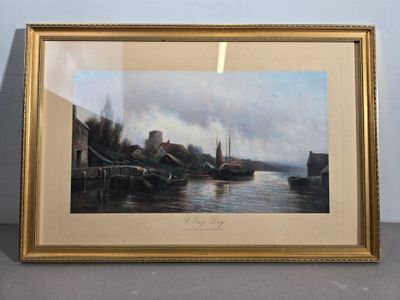 painting of a river scene with boats in the foreground and buildings in the background