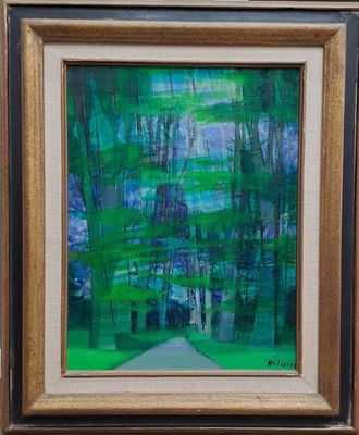 une peinture à l'huile représentant une route dans une forêt parsemée d'arbres verts