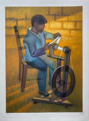 painting of a man sitting on a chair with a spinning wheel