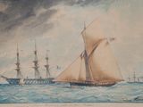 tableau représentant deux navires en pleine mer, avec le ciel en arrière-plan