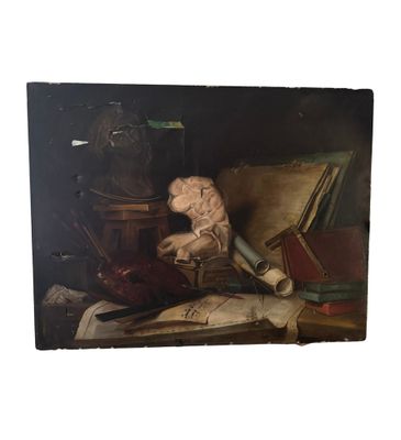 une image représentant un tableau où l'on voit un bébé assis sur une table à côté d'un livre