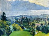 une peinture à l'huile représentant une vue sur une chaîne de montagnes avec un lac au loin