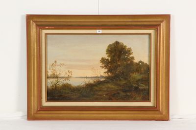 une peinture à l'huile représentant un paysage avec des arbres et une rivière