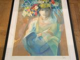 painting of a woman with flowers in her hair sitting on a wooden floor